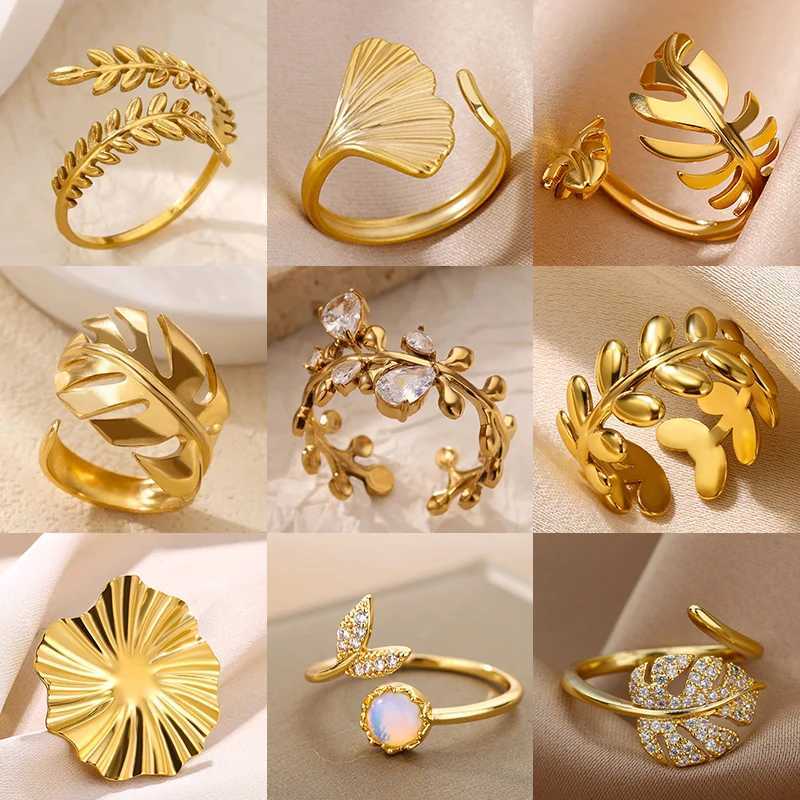 Fashion Zircon Leaves Rings For Women Gold Color Stainless Steel Leaves Ring Couple Wedding Minimalist Jewelry anillos mujer W250606