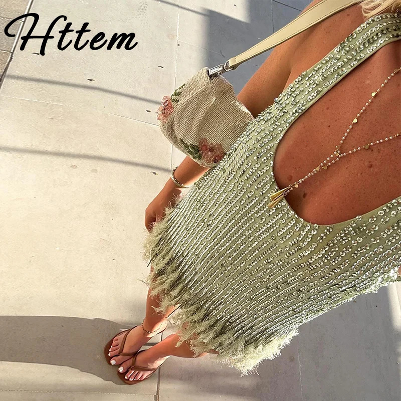 Sexy Sequin Tassel Mini Dress Women Slim Sleeveless O-neck Feather Short Dresses Female 2025 Summer Vacation Beach Lady Gown 250605