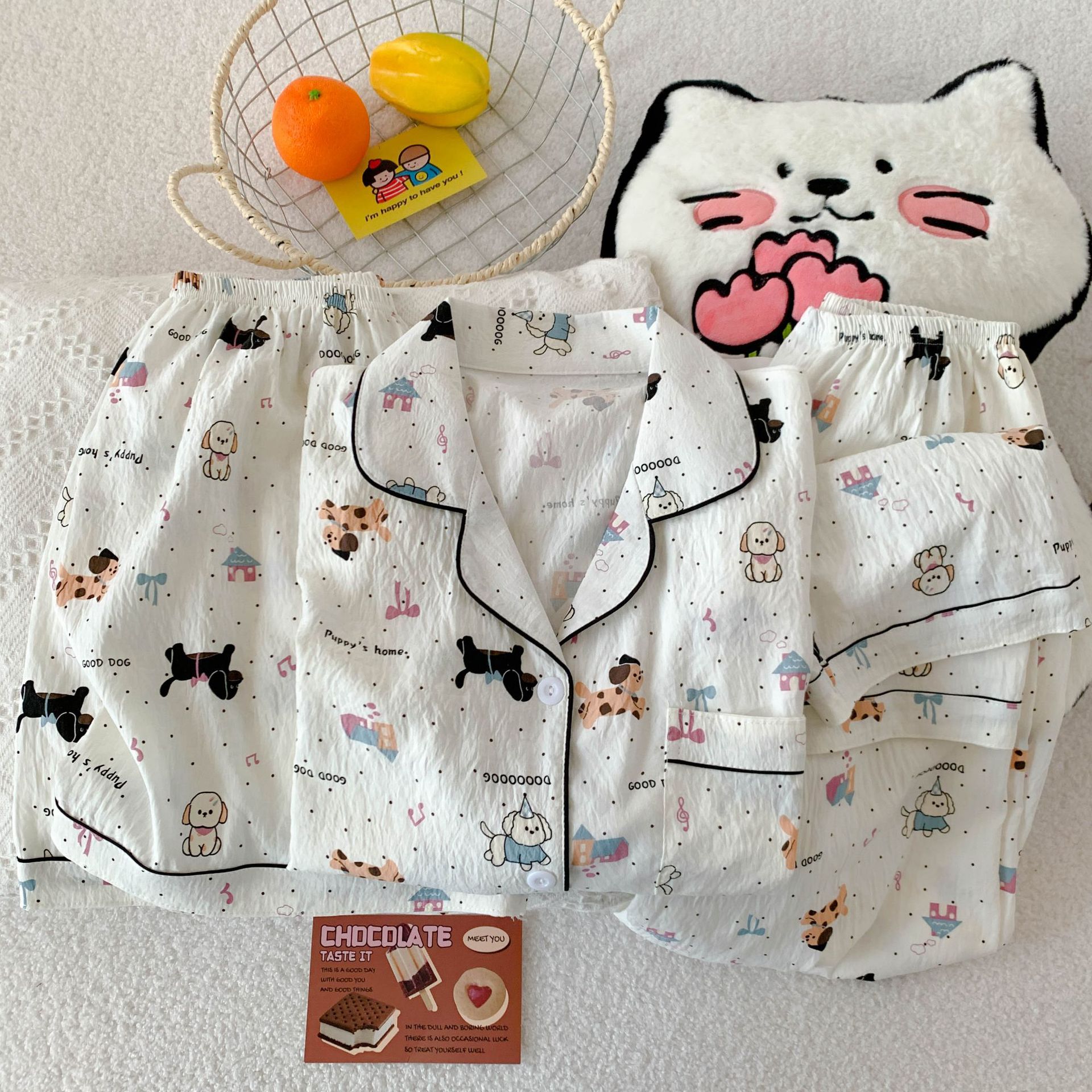 B915-Summer new cloud cotton three-piece suit cartoon lapel short-sleeved shorts trousers home clothes women's pajamas suit