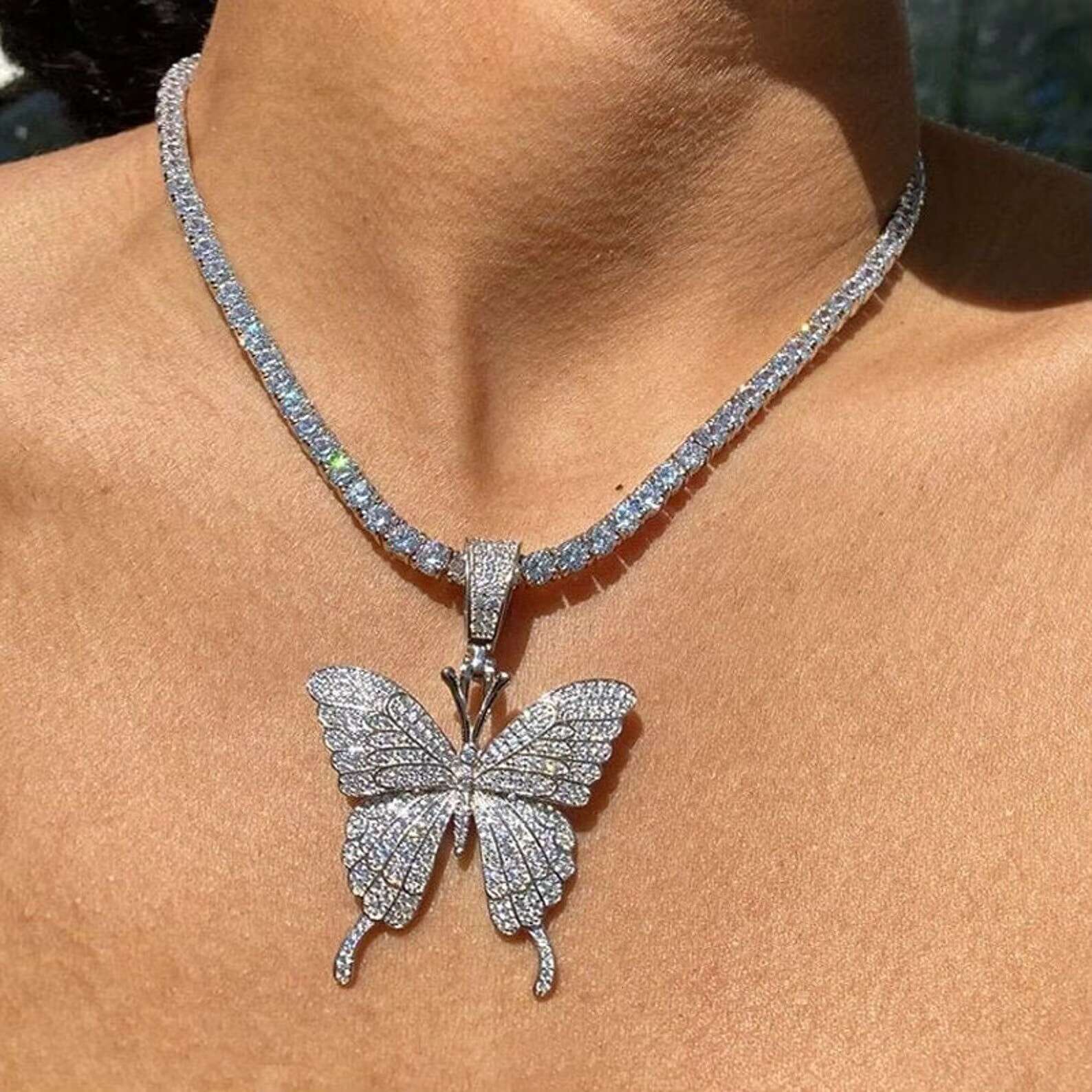 Shining Diamond Butterfly Pendant Necklace; Ladies Ice Type Jewelry; Moissanite Tennis Necklace; Butterfly Necklace.