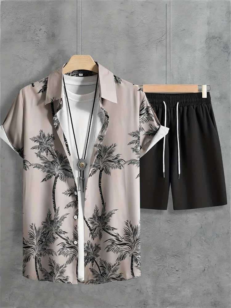 2025 Summer Mens Short-sleeved Shirt Set With Palm Tree Print Hawaiian Beach Vacation Style Mens Shirt Set W250609