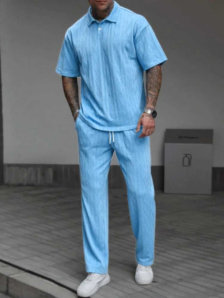 New summer styles for men Solid-color jacquard set fashionable line texture casual lapel short-sleeved POLO shirt trousers W250609