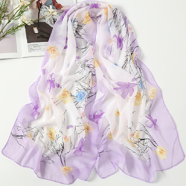 K951 Four Seasons Korean Printed Curled Silk Scarf Fashion Simulation Silk Chiffon Scarf Women's Warm Square Scarf Wholesale