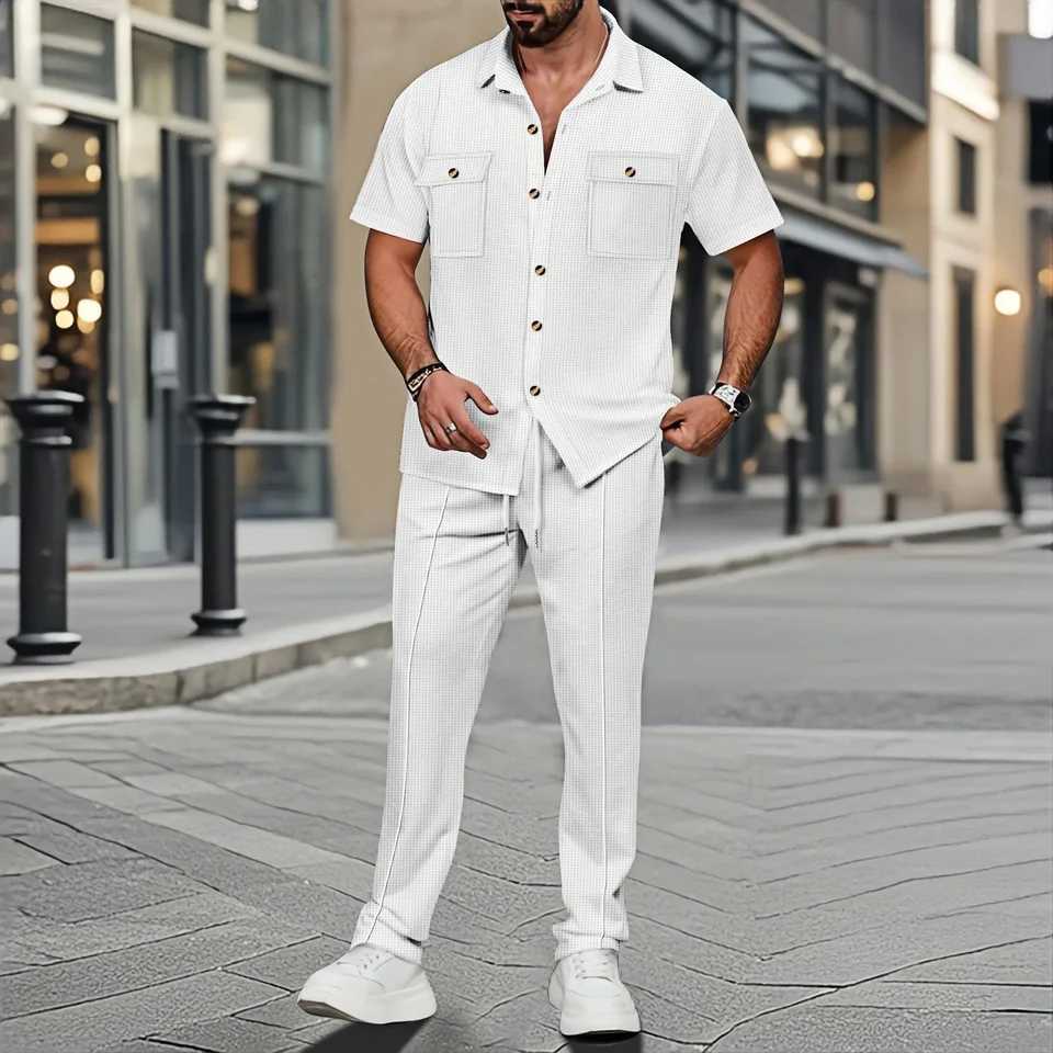 Mens Casual Suit Short-Sleeved Waffle Check Shirt with Pocket Comfortable Solid Color Spring Summer Fashion Two-Piece Set W250609