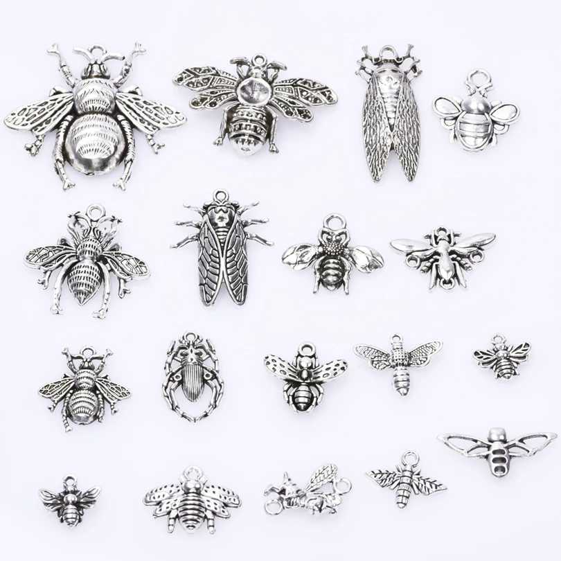 Silver Color Mixed Insect Charms For Jewelry Making Bee Pendant Alloy Cricket Animal Pendant Women Men Accories DIY NecklaceXJ250607