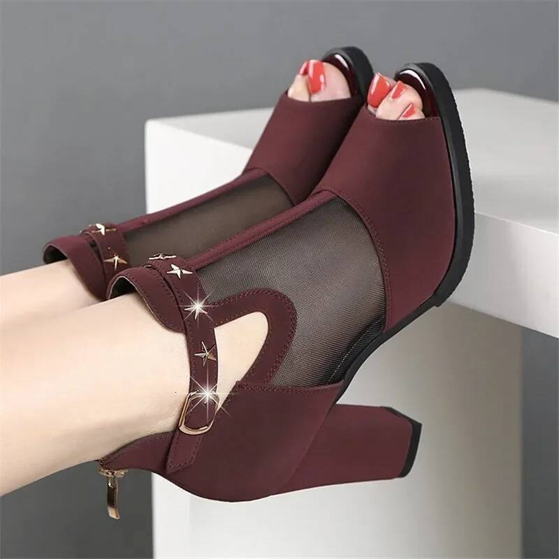 Ddmyoutdoor Breathable Mesh High Heels New Summer Women Fashion Metal Decoration Square Heel Sandals Zipper Female Shoes Outdoor