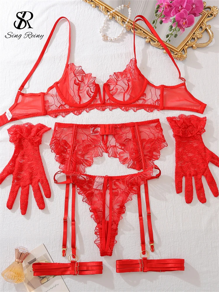 SINGREINY Sensual Lace Hollow Out Bra Brief Sets Fashion Straps Garter Slim Underwear Ladies Erotic Sheer Lingerie 5 Pieces Sets 250603