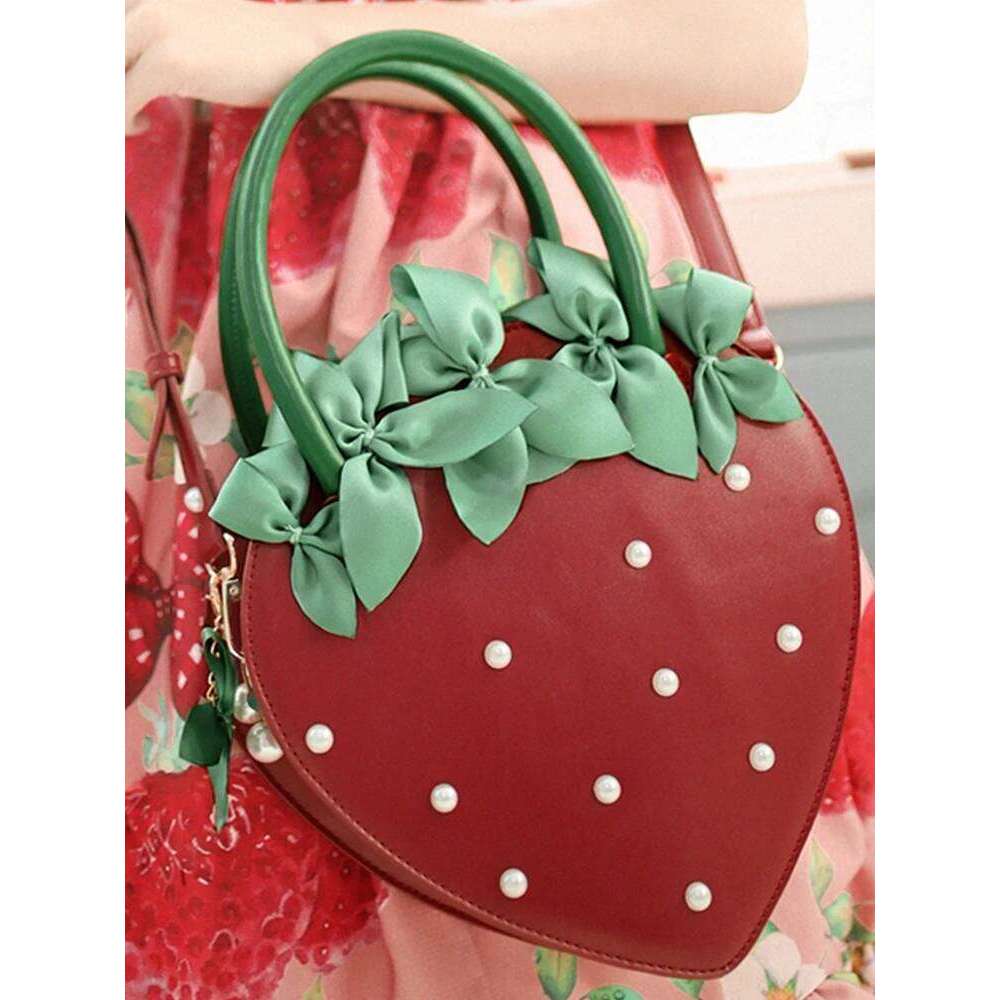 Original Lolita Sweet Girl Handbag Japanese Cute Little Strawberry Pearl Red Bow Daily Versatile Portable Diagonal Straddle Bag