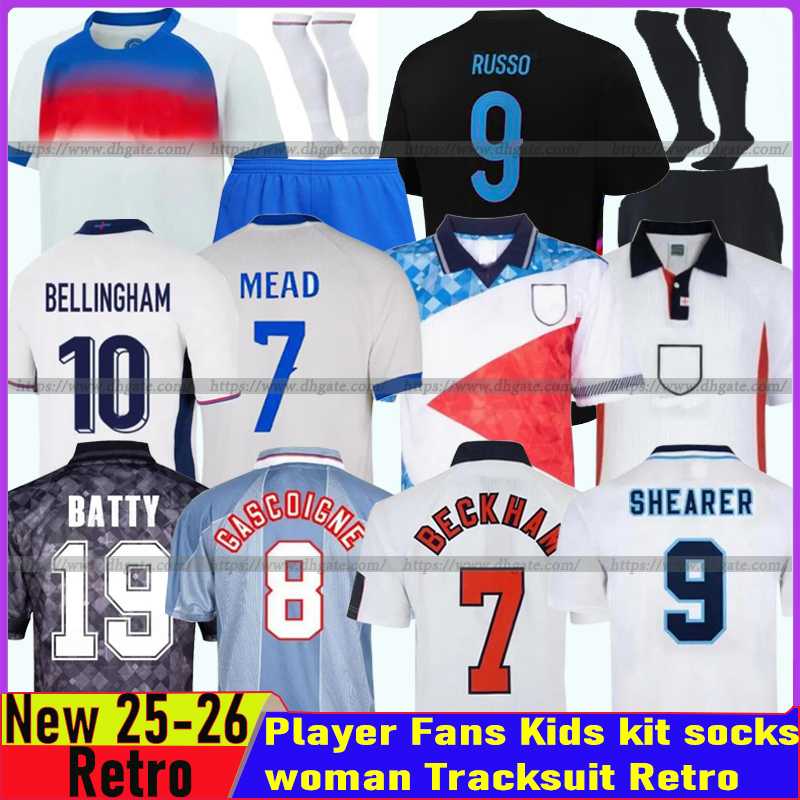 2025/26 England football shirt Retro GASCOIGNE Soccer Jersey BELLINGHAM RASHFORD KANE SAKA RICE FODEN 20206 National Team Home White Away Tracksuit Men Kids Kit