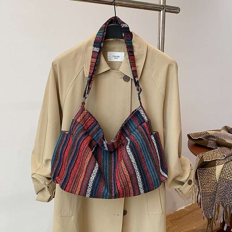 Large Capacity Ethnic Style Crossbody Women Fashion Printed Knitted Fabric Shoulder Casual Trendy Tote Bag for Going Out