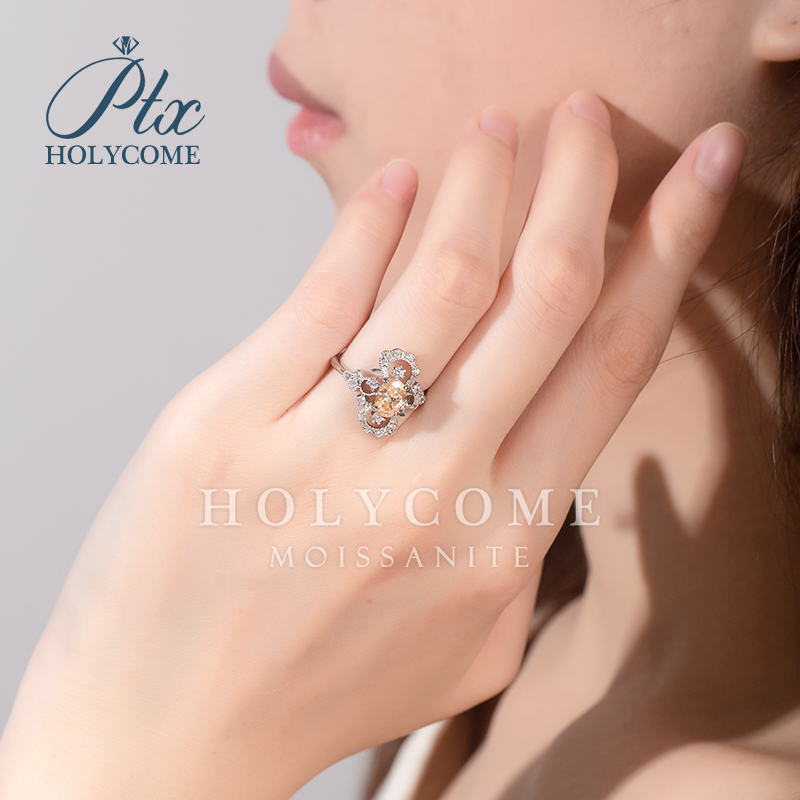 Classic 925 Sterling Silver Finger Rings 18K Gold Plated Champagne Moissanite 1CT Diamond Gift Wedding Party Cluster Ring for Women