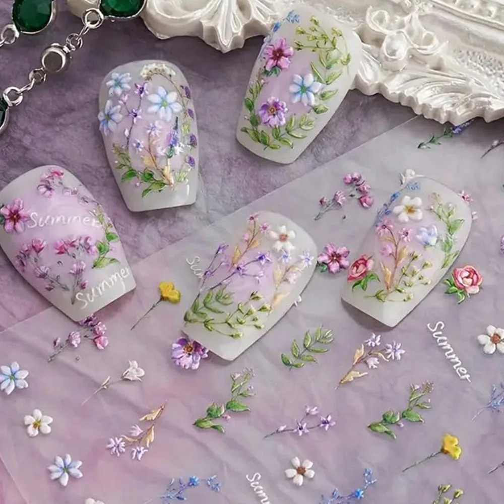 1pc Flower Nail Stickers Summer Floral Leaf Plant 5D Embossed Slider Decals SelfAdhesive Art Supplies Manicure Decor 250605