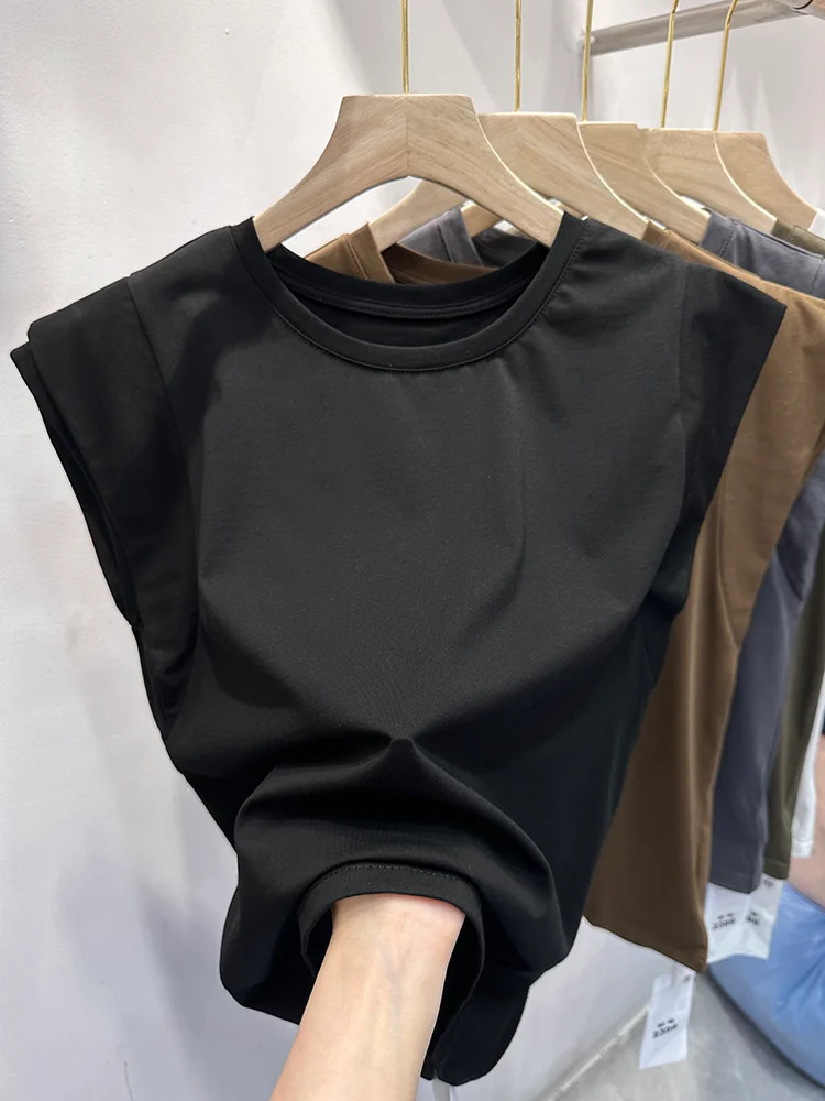 Internet Flying Sleeve T-shirt for Women with Round Neck Minimalist Slim Fit Sleeveless Top for Summer 250605