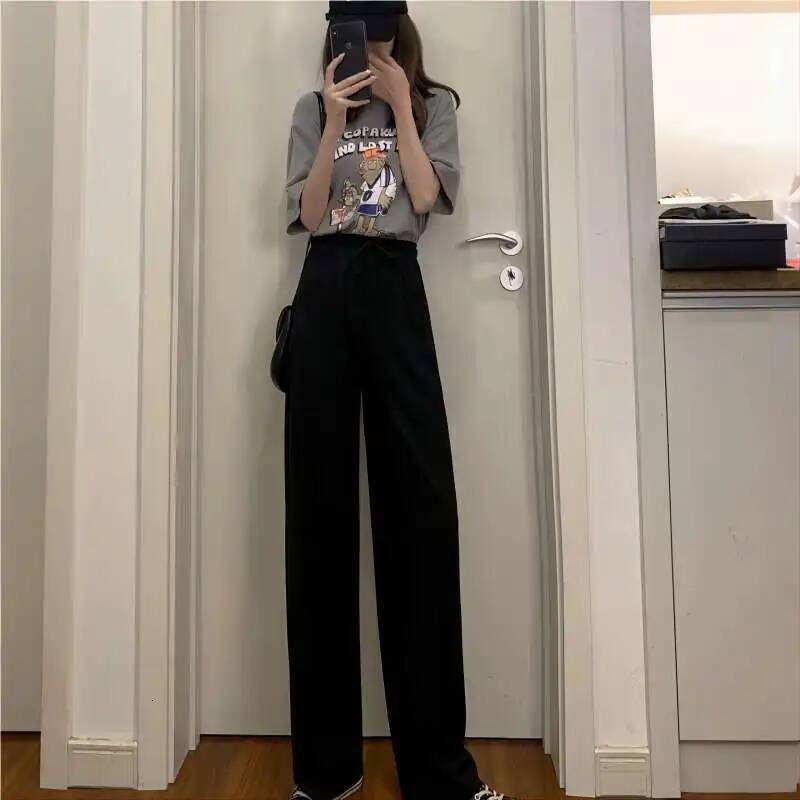 2025 New Women Ankle-Length Wide Leg Casual Solid Elastic Waist Loose Ice Silk Pants Spring Summer Female Trousers