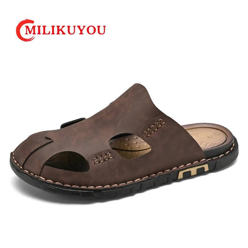 Ddmyoutdoor Mens Slippers Summer PU Shoes Brand Large Size Male Men Sandal Fashion Slipper Leather Flip Flops Beach outdoor shoes