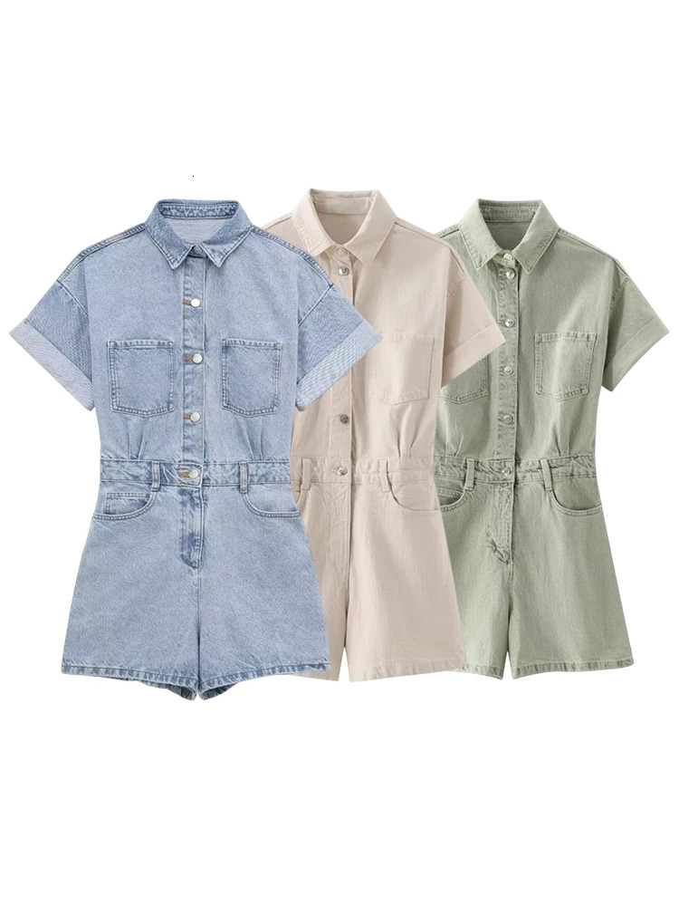 ZBZA Womens Short Denim Jumpsuit Fashion High Street Y2K Waisted Jumpsuit Solid Color Lapel Short Sleeve Jumpsuit Top 250603