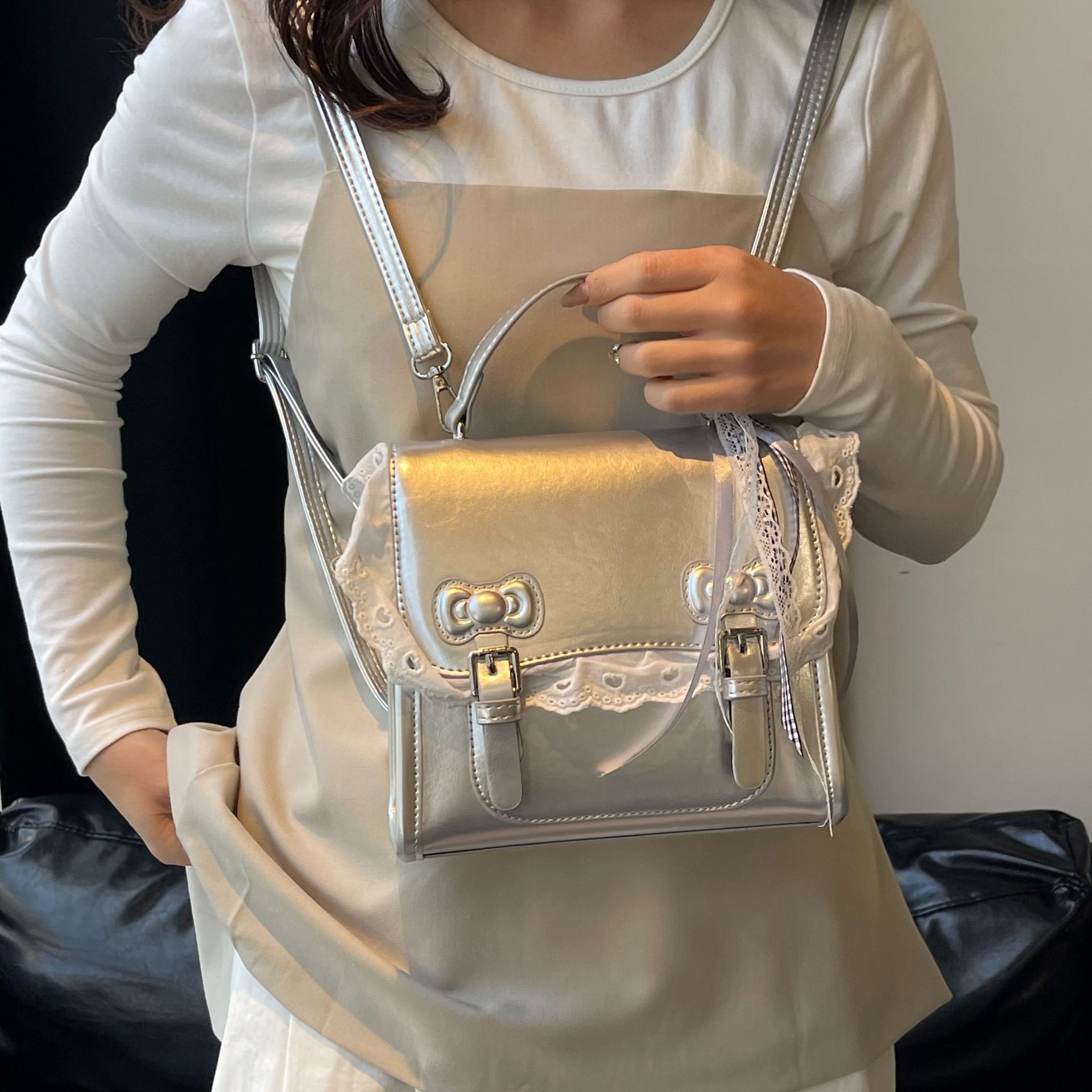 designer Korean Style Sweet College Wind Simple Double Shoulder Small Backpack Summer Fashion Versatile High-Quality Texture Handheld Small Square Bag