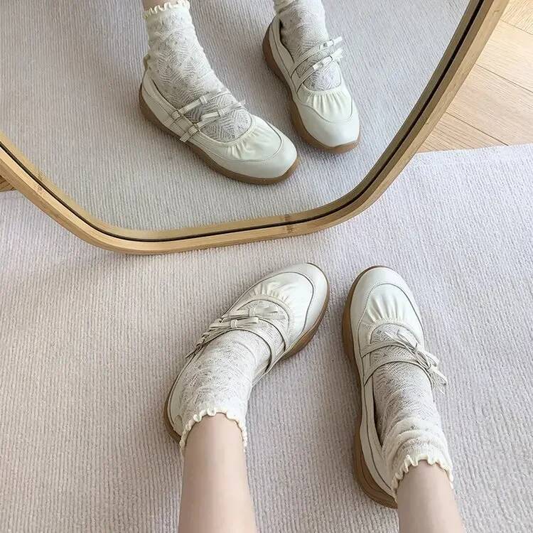 ddmyoutdoor Sier Mary Jane For Women Sneakers New Fashion Bowknot Belt Buckle Casual Shoes Soft Leather Platform Walking Flats Outdoor Outdoor Shoes