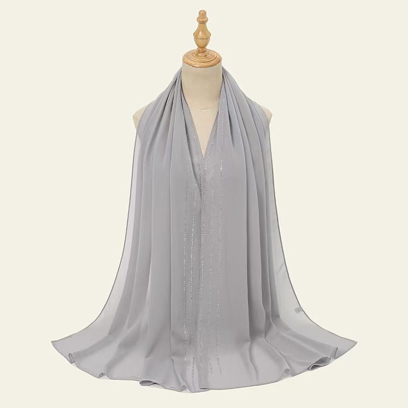 T904 New solid color hot diamond chain shape pearl chiffon long scarf for women hot sale popular ethnic headscarf scarf