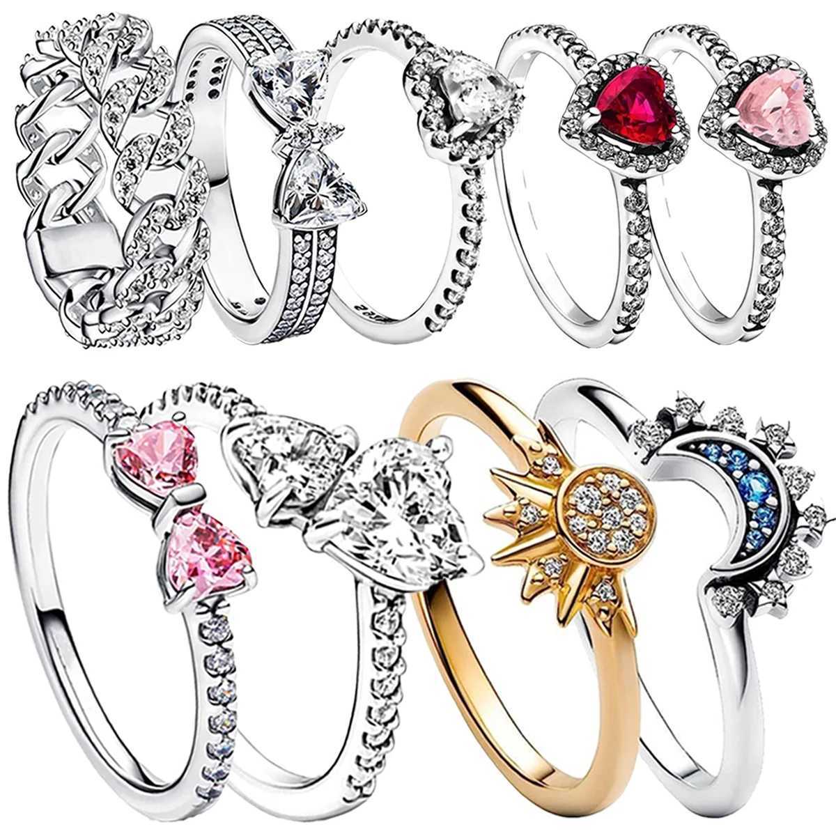 Original 925 Sterling Silver Pink Bow Heart Sun Moon With Colorful Crystal Rings For Women Valentines Birthday Gift DIY Jewelry XJ250606