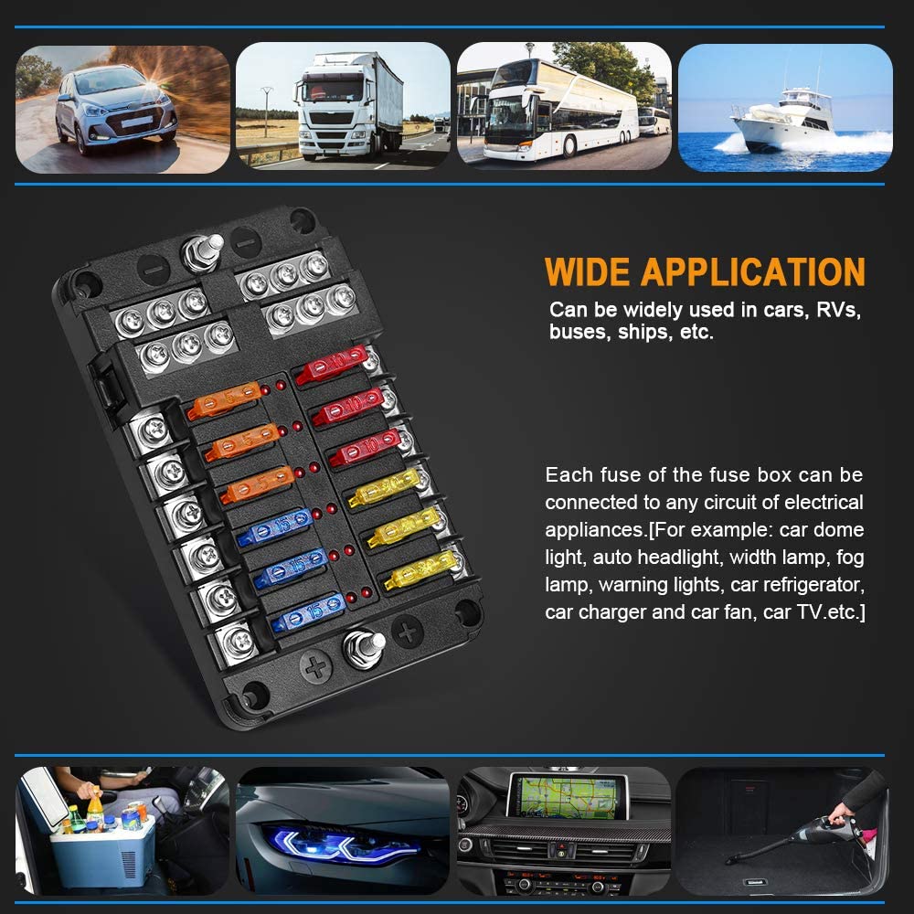 6-way and 12 way fuse holders with fuses, waterproof covers, and LED indicator lights, suitable for 12V/24V cars, trucks, ships, etc