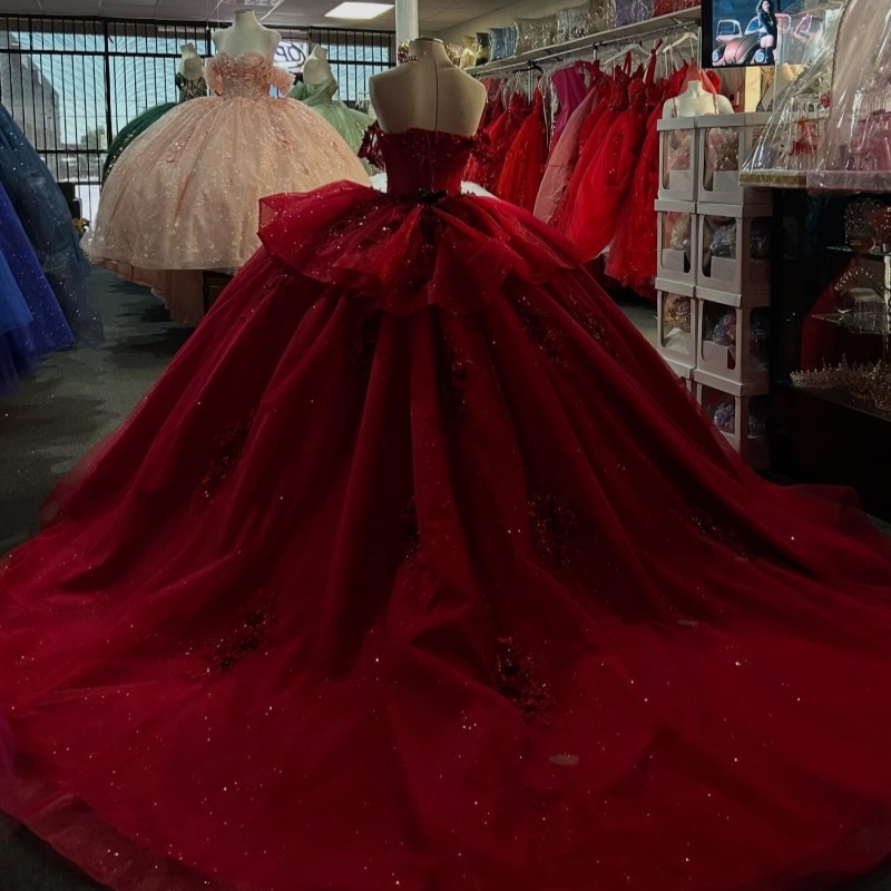 Red Shiny Quinceanera Dresses Ball Gown Off The Shoulder Applique Flower Beads Tull Sweet 16 Dress Vestidos 15 De Anos