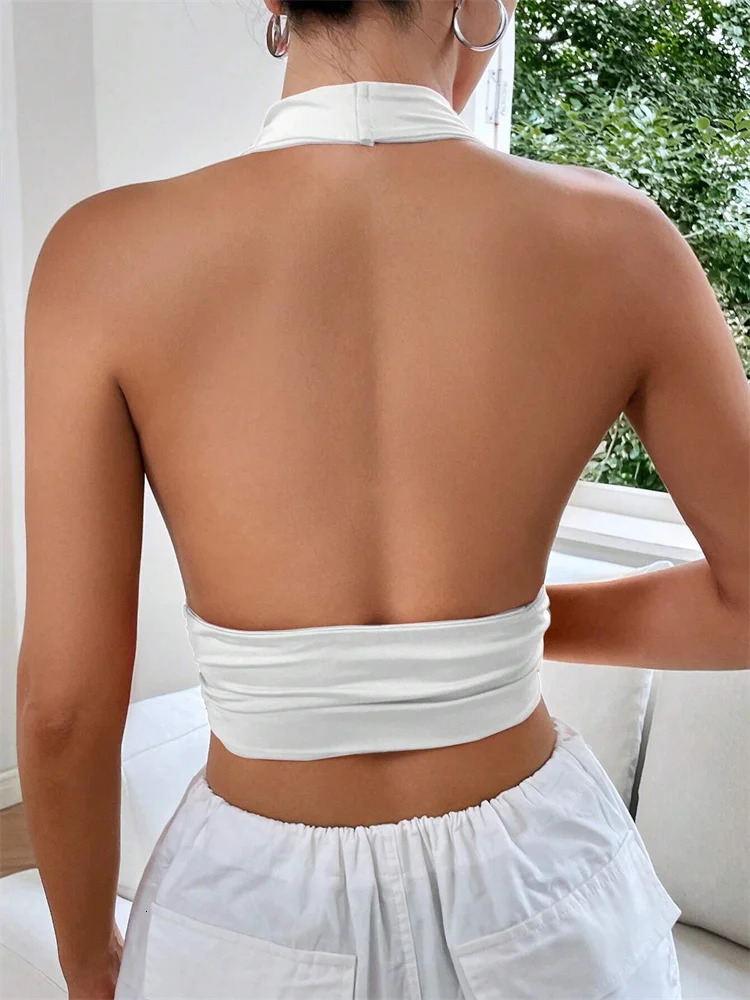 Sleeveless Backless Deep Vneck Halter Top Women Summer 2024 Club Party Sexy Solid Color Crop Tops Streetwear Y2K Clothes 250527