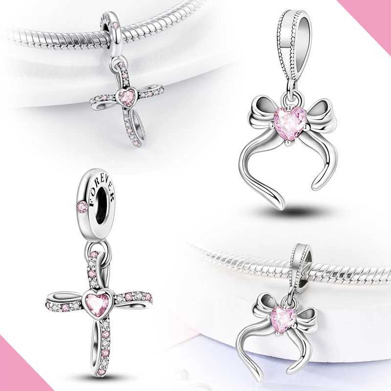 Original Charms 925 Silver Cross Pink Bow With Heart Zircon Pendants Fit Bracelet Making For Woman Fashion Jewelry GiftXJ250607