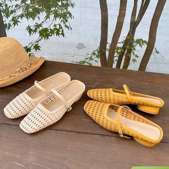 Stepping Clouds Square Toe Woven Chunky Heel Closed Toe Mary Jane Slippers For Women Outdoor Strap Genuine Leather Hollow Out Clogs