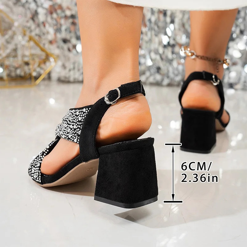 Womens Shiny Crystal High Heeled Sandals Fashion Black Cross Band Dress Party Shoes Woman Ankle Buckle Square Heeled Sandals 250605
