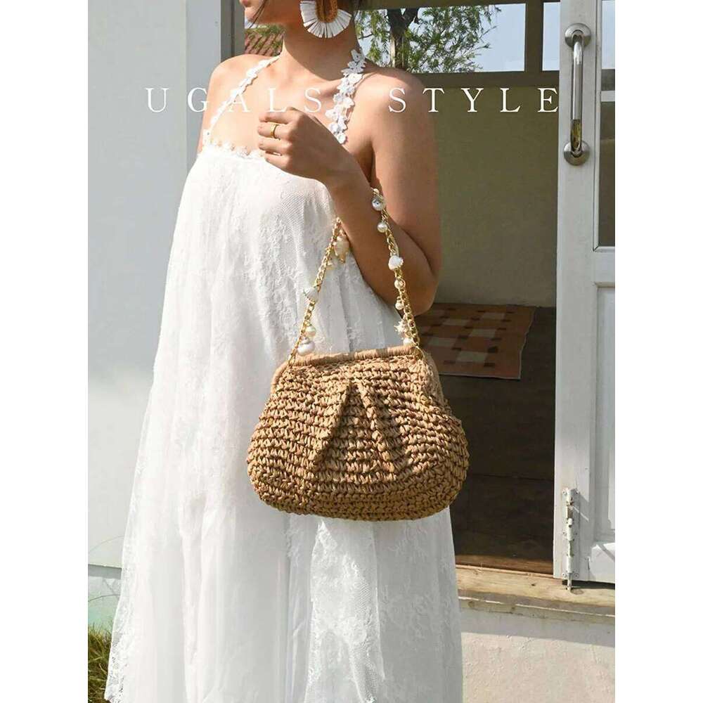 Summer Straw Woven Clutch Bag Women Pearl Chain Bow Purse Vacation Beach Party Wedding Design Evenging Handbag