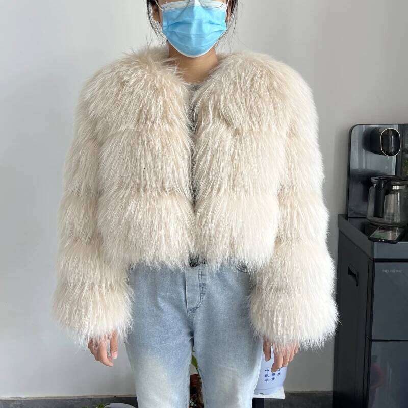 BEIZIRU Real Raccoon Fur Coat short Women Winter Long Sleeve Natural Jackets Thick