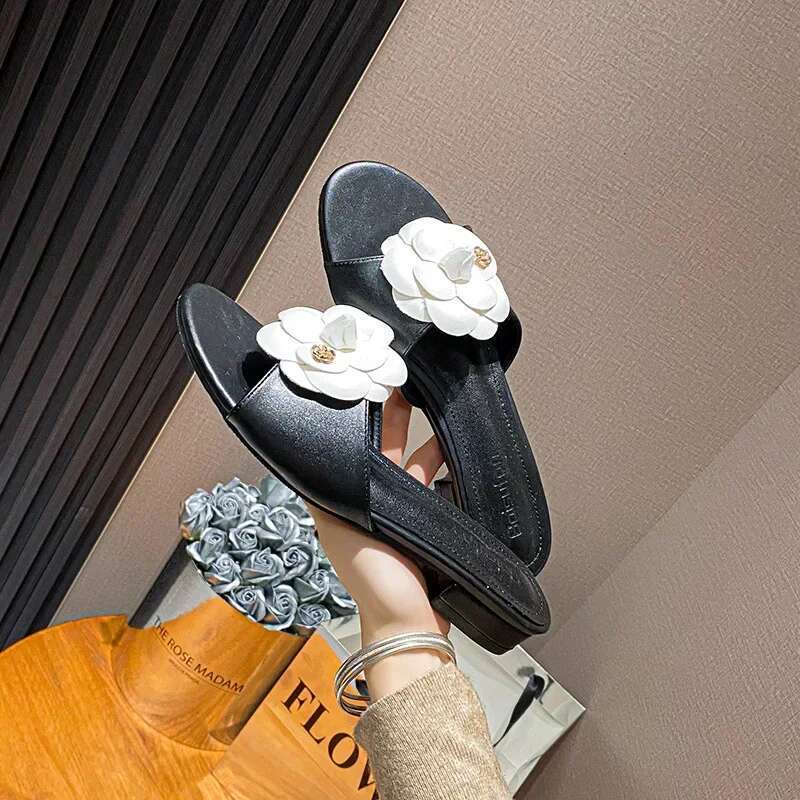 High End Flower Slippers Women Camellia Shoes Open Toe Slides Femme Outside&Home Pantuflas Sandals Ladies Flip Flops
