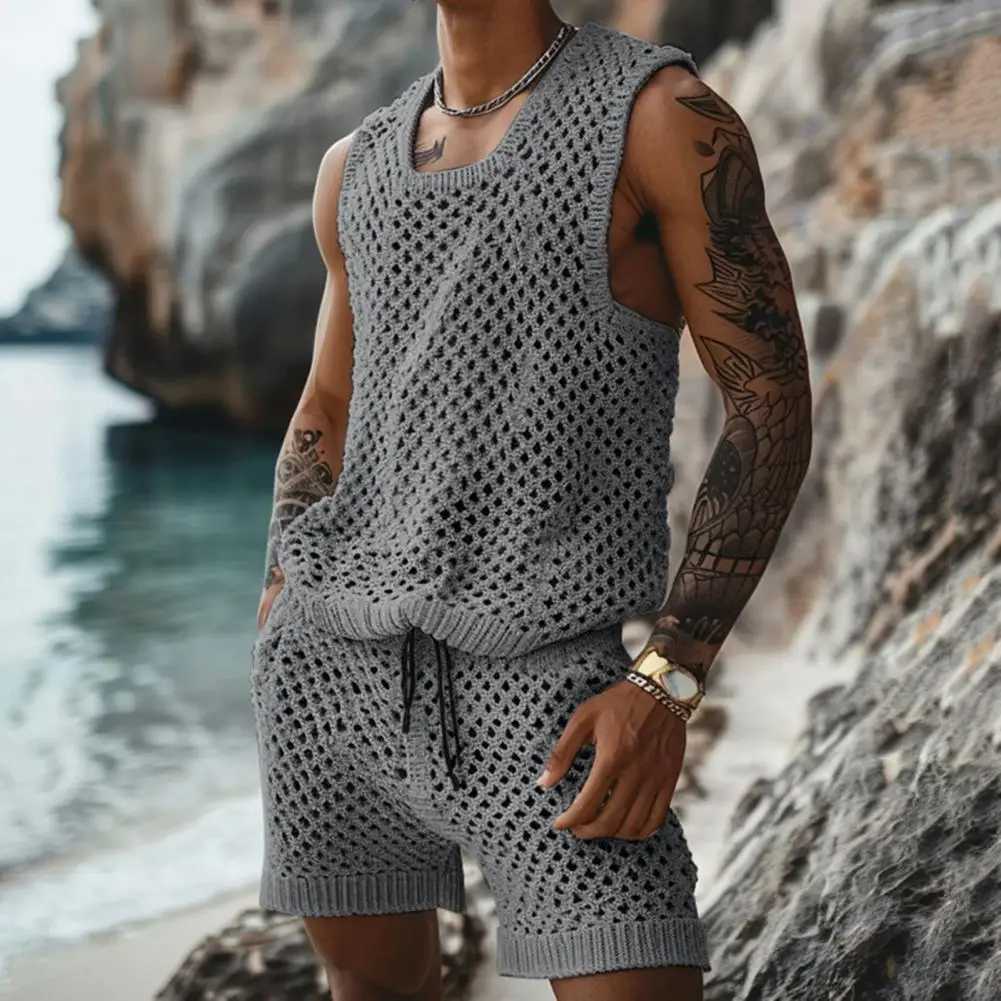 Vest Shorts Set Mens Casual Sleeveless Knit Top Drawstring Shorts Set for Daily Wear Elastic Waist Wide Leg Shorts for Men W250609