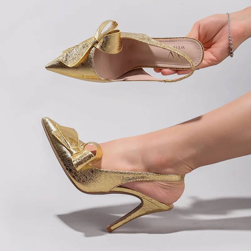 Elegant Side Bow Design High-heeled Sandals Women PU Leather Pointed Toe Thin High Heels Fashion Back Strap Women's Pumps