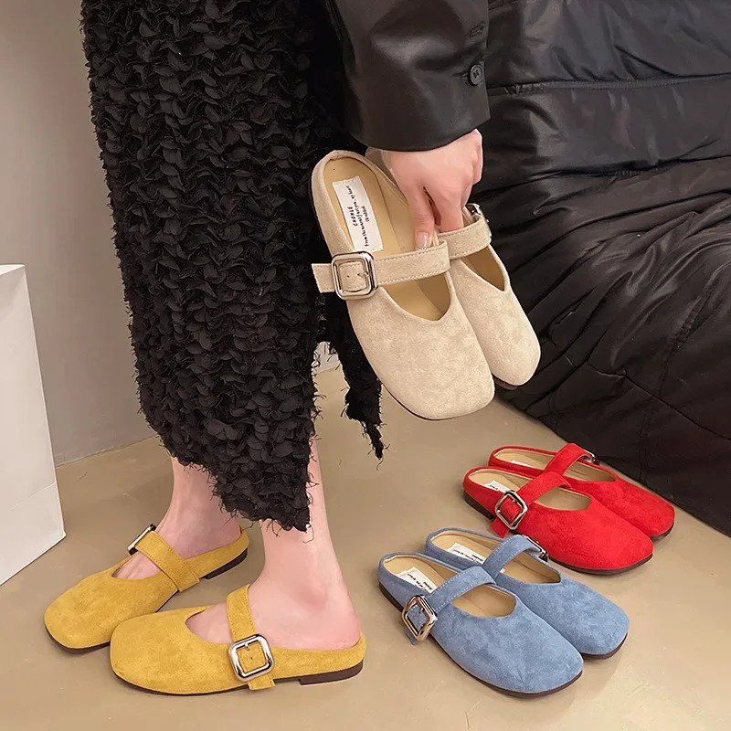 French Retro Baotou Half Slippers Female External Wear Summer Fashion Non-slip Flat Bottom Square Head Shallow Mouth Single Shoe 250603