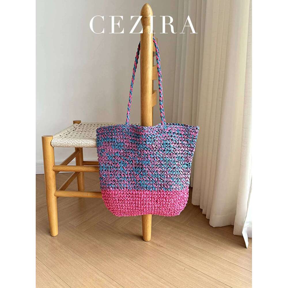 CR Women's Summer Casual Colorful Straw Woven Shoulder Handbag Contrast Color Handmade Braid Beach Bag For Daily Vacation Travel