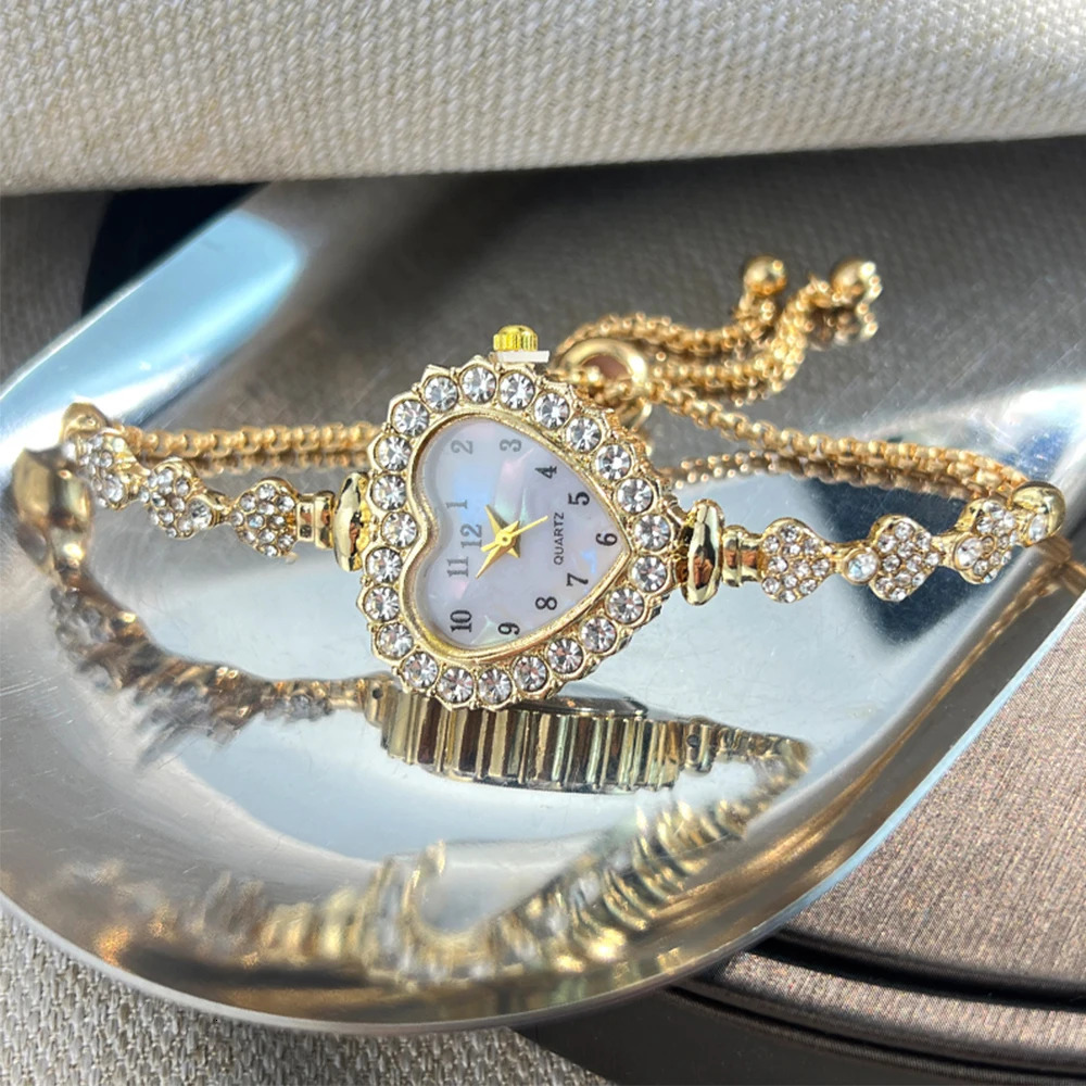 Fashion Heart-shaped Ribbon-Strap Diamond-Studded Flower Watch for Women with Adjustable Bracelet 250606