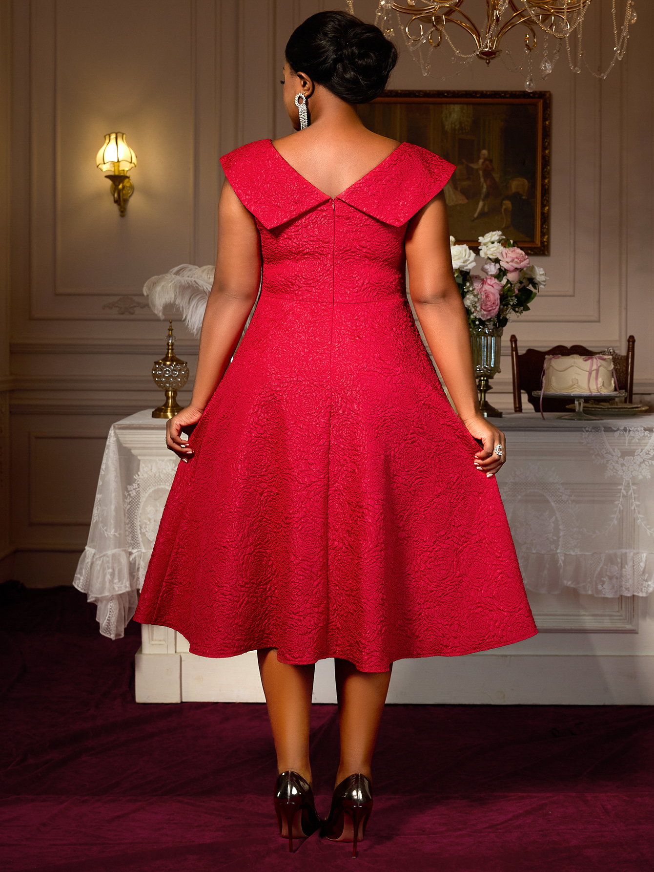 Women's Plus Size Red Mother of the Bride Dress Casual A Line Night Out Flower Feather Sleeveless Boat Neck 0XL 1XL 2XL 3XL 4XL AM050233