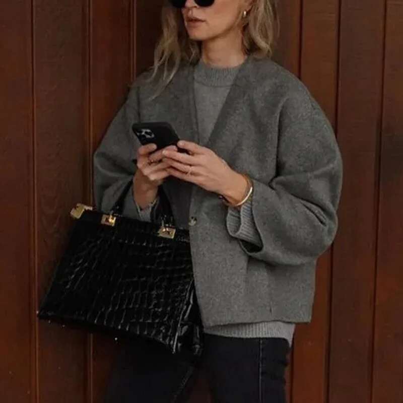 Tweed Jackets for Women Vintage V Neck Oversize Coats Autumn Winter Fashion Single Button Crop Jacket Casual Elegant Coat