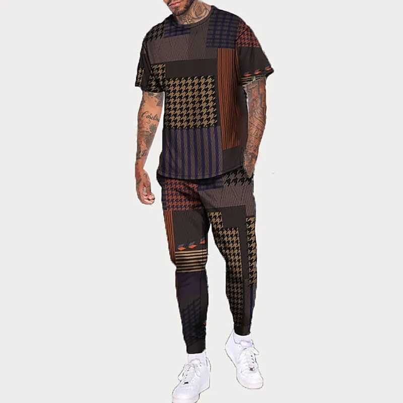 Mens T-shirt Long Pants Tracksuit Stripes Geometry 3D Print T Shirts Trousers Set 2 Pieces Streetwear Oversized Suit Sportswear W250609