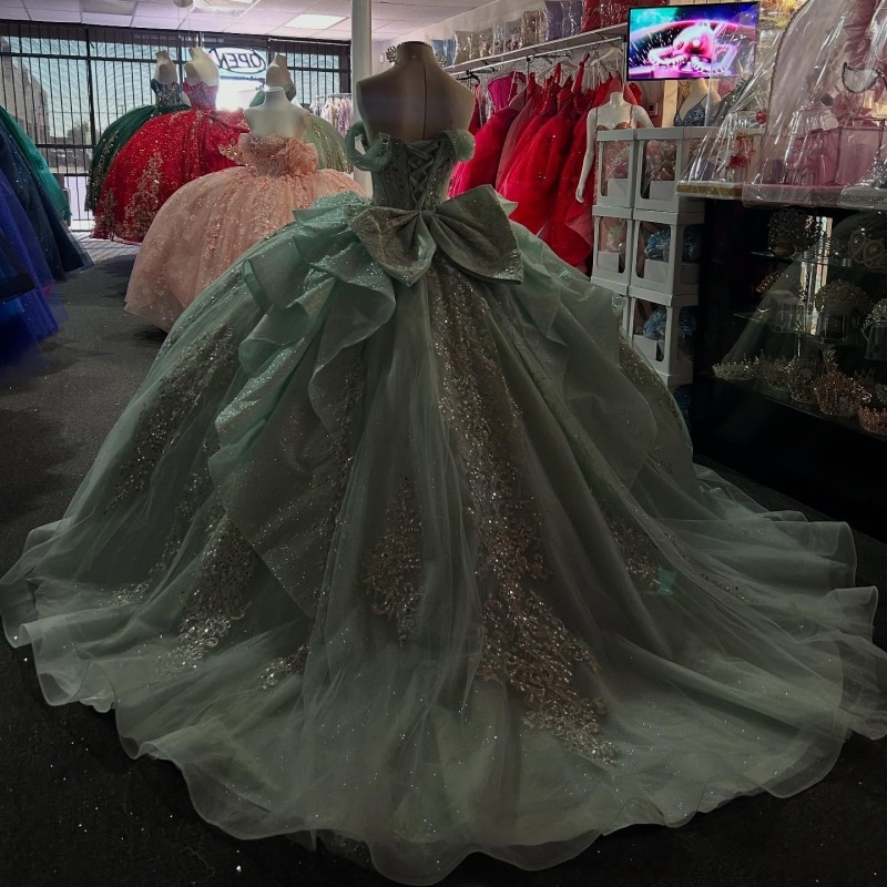 Mint Green Shiny Quinceanera Dresses Ball Gown Off The Shoulder Applique Lace Bow Beads Tull Sweet 16 Dress Vestidos 15 De Anos