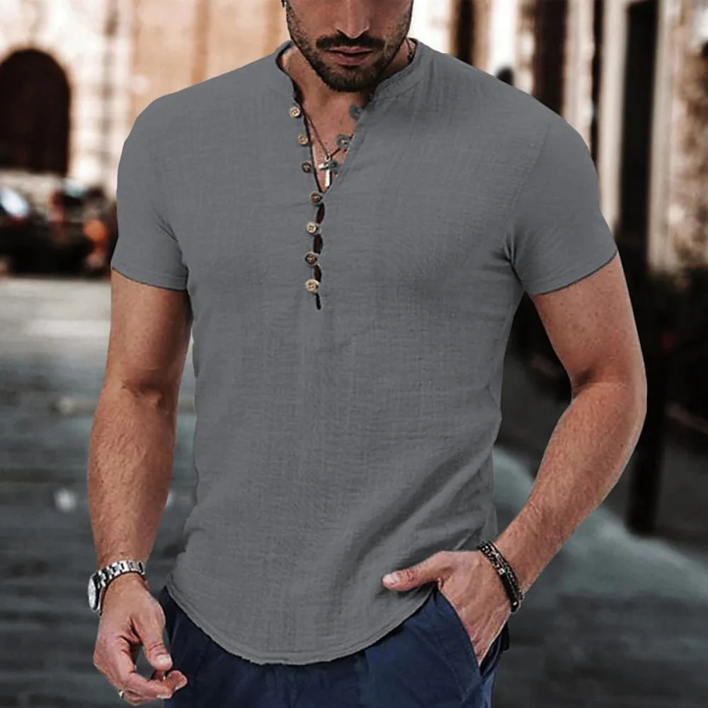 Mens Short Sleeve Tshirt V neck button Cotton Linen Shirt Mens Casual Clothes Tops for Men 250605