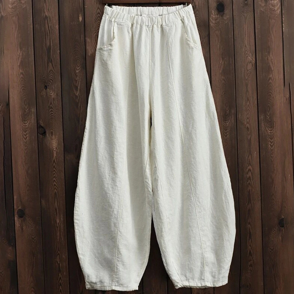 Spring Summer 2025 Cotton Linen Style Bloomers Wide Leg Pants Women Vintage Full Length Elegent Pants Solid Elasitic Waist S-5XL 250605