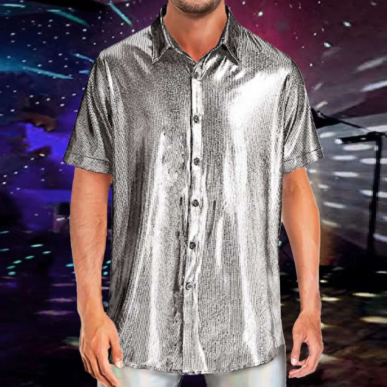 Mens Shiny Sequins Shirt Fashion Mens Performance Shirt Turn-Down Collar Short Sleeved Shirts For Club Party Disco Stage Show 250606