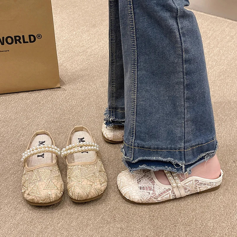 Chinese Style Baitou Half Drag Women Slippers with Pearl Flat Outside Slippers for Women 2025 Sweet Summer Female Shoes 250603