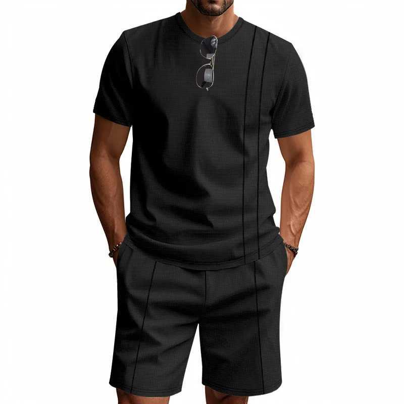 Summer American Waffle Round-Neck Mens Suit 2025 Loose Ins Style Simple Short Sleeve Top And Shorts Set for Casual Wear W250609