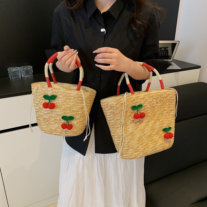 designer Cherry Straw Woven Handbag for Women Cute Beach Vacation Beach Bag Hollow Woven Crossbody Bucke