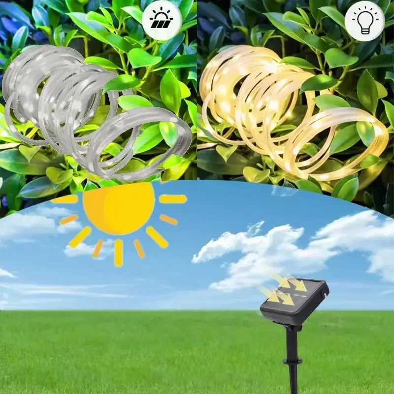 Outdoor Solar Rope LED Light Waterproof Garden Christmas Decoration 32m/22m/12m/7m Xmas Tube String Light Fairy Strip XJ250606