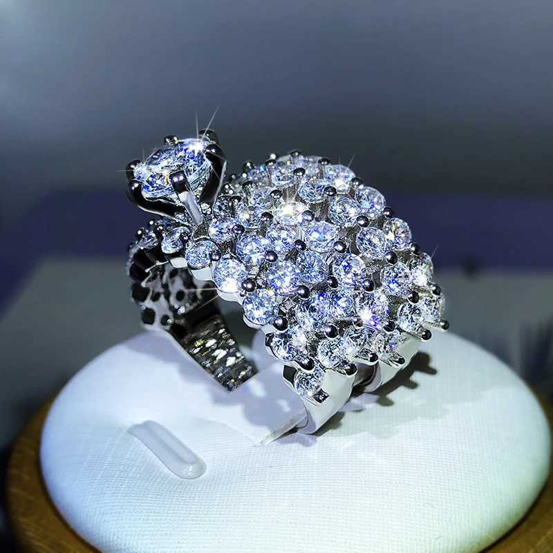 Best Selling New Gypsophila Micro-Inlaid White Zircon Ring 925 Sterling Silver European And American Exaggerated Banquet Party XJ250606